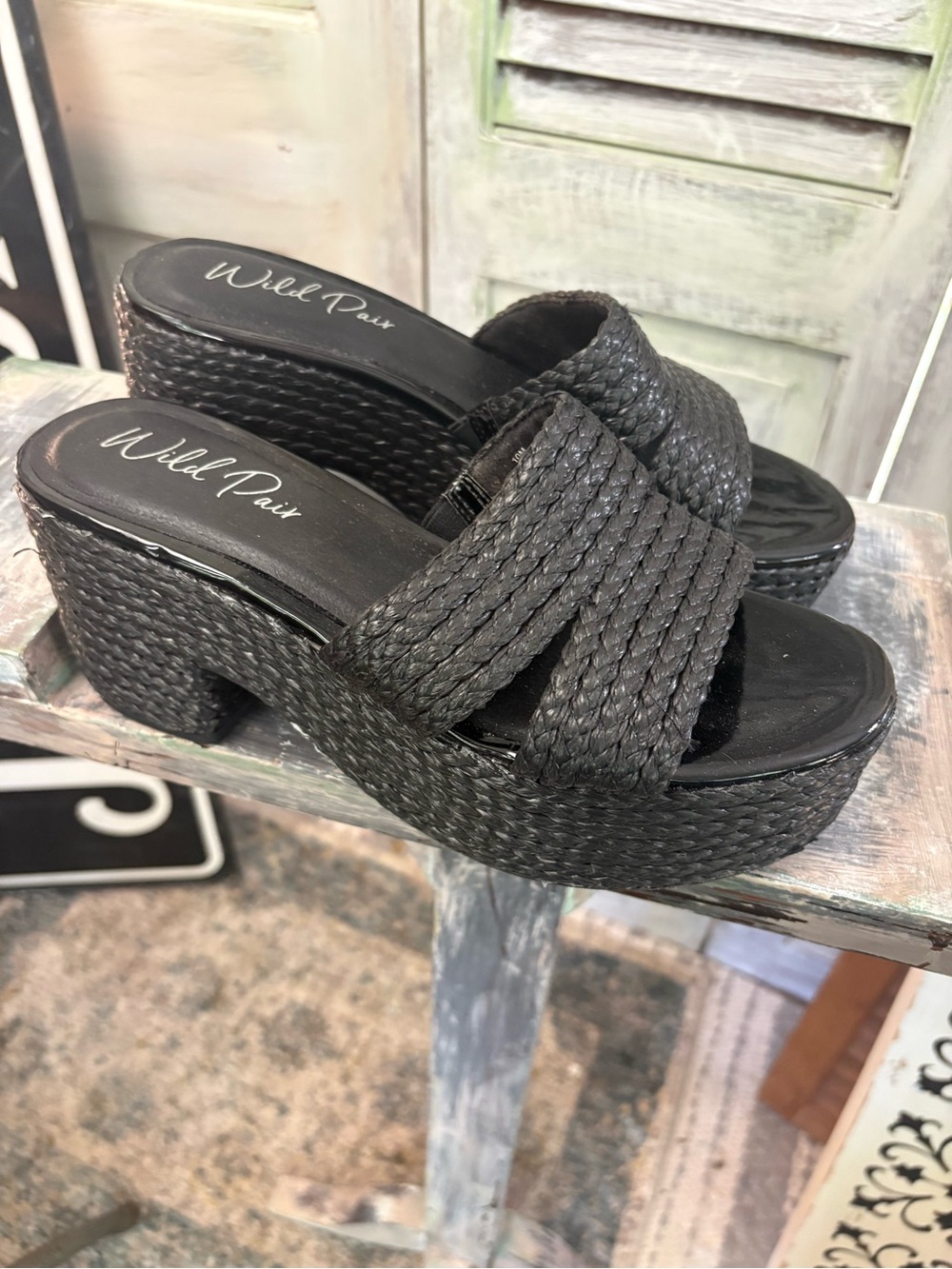 Wild Pair Black Braided Platform Mule Sandals